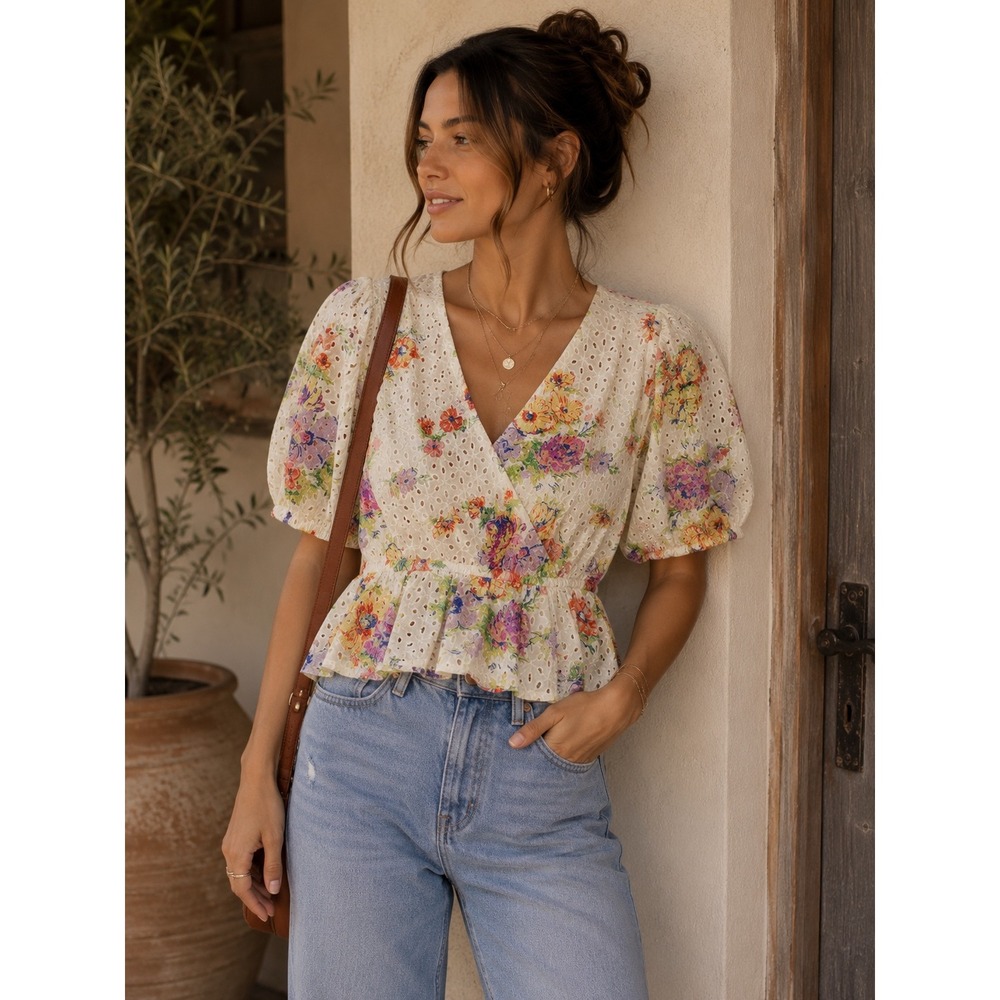 WAYF Floral Eyelet Wrap Top White Multi Color Puff Sleeve Peplum XS